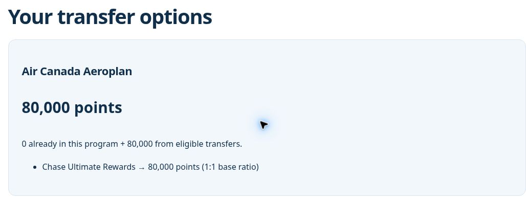 Actual calculator showing 80,000 Aeroplan points from Chase at 1:1.